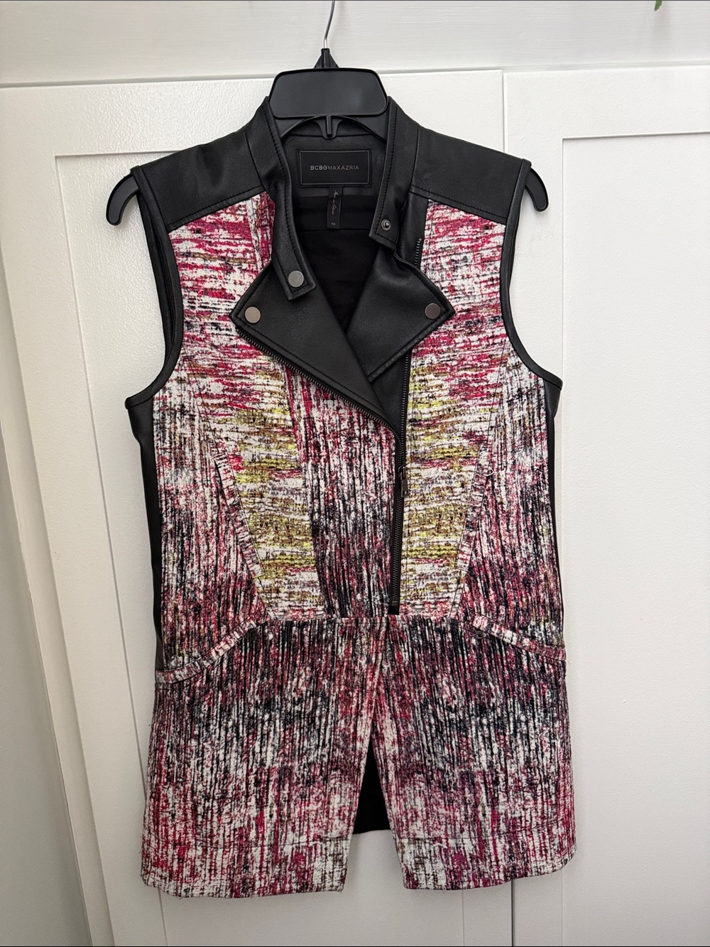 BCBGMaxAzria Pink, Black & Gold Tweed Moto Vest